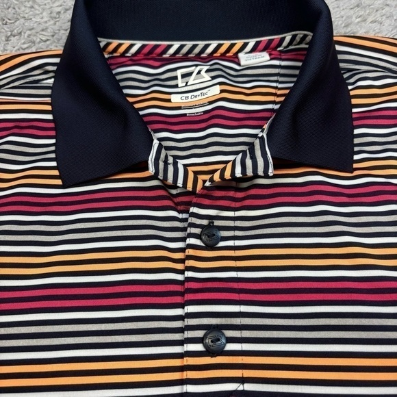 Cutter & Buck Shirt Mens Large Golf Polo Pink Orange Bright Stripes Moisture Wic - Picture 2 of 5